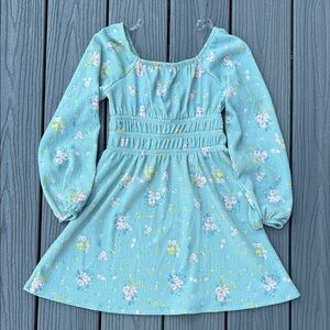 art class Aqua Blue Floral Long-Sleeve Smocked Waist Dress